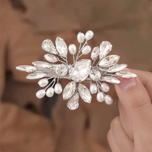 Bridal Rhinestone Hair Clip Silver Hair Barrettes Sparkly Pearl Hair Piece We... - Picture 1 of 7
