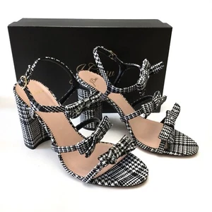 J. Crew Stella Black Plaid Wool Crystal Strappy Bow Heels Womens 9.5 NEW - Picture 1 of 7