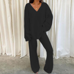 Women 2Pcs/set V Neck Loose Loungewear Tops + Pants Pyjamas Suit Tracksuits