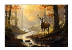 Whitetail Deer by the Forest Stream in Autumn Morning Light-Fun Gift-Wall Decor - Picture 1 of 10