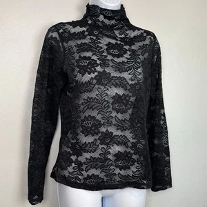 Allegra K Medium High Neck Lace Long Sleeve Top Floral Mesh - Picture 1 of 4