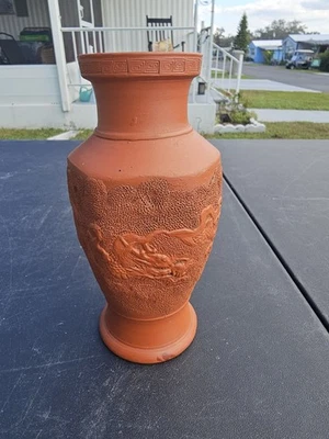 Antique Signed Japanese Tokoname Red Clay Dragon Relief Vase - Image 1 of 4