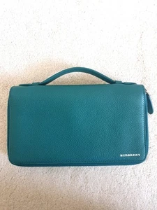 New Burberry Teal Green Grained Continental Leather Zipped Wallet Organizer - Picture 1 of 14