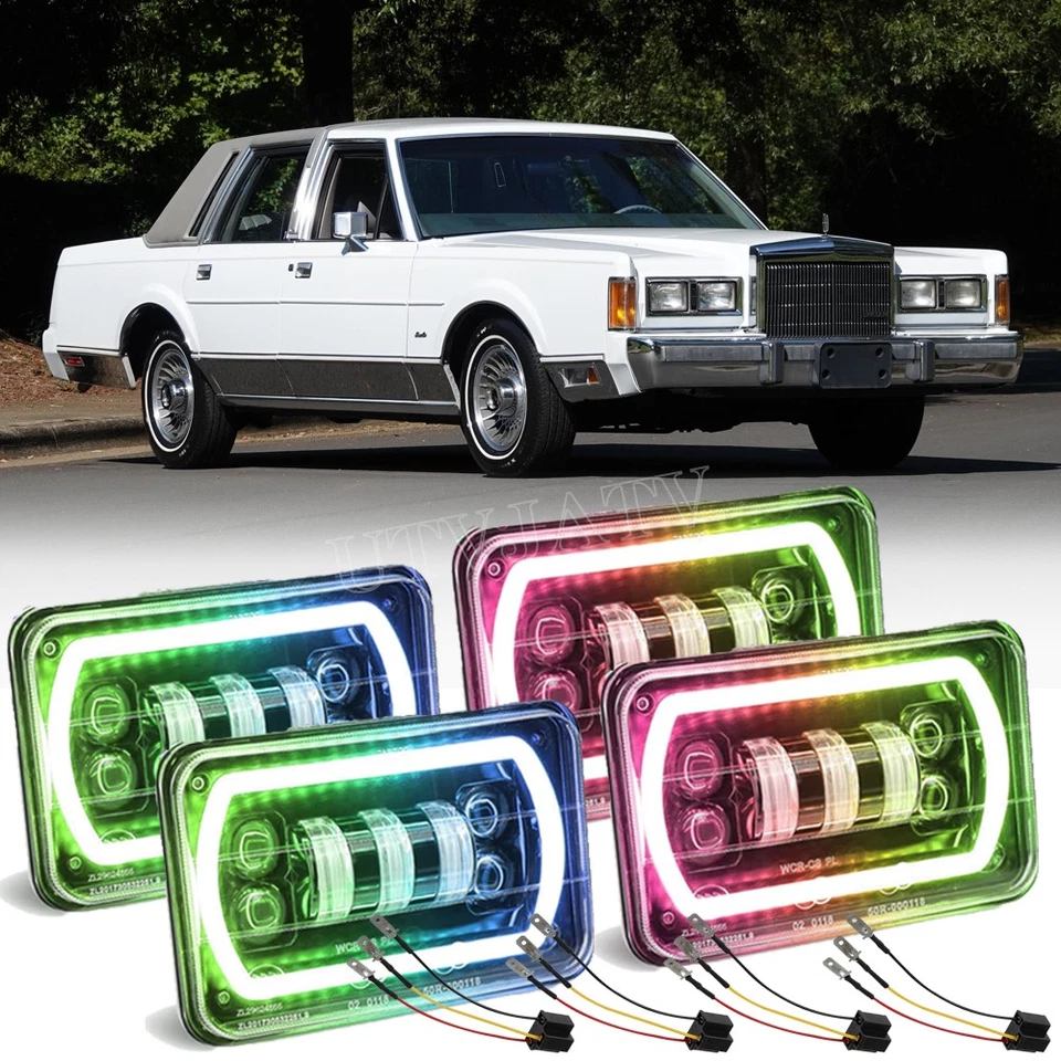 Faros LED de haz alto/bajo con RGB Halo DRL para Lincoln Town Car 1981-1989 4 piezas 4x6" Foto 1 de 4