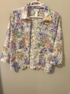 Cárdigan Alfred Dunner XL Crochet Frente Abierto Rosa Púrpura Verde Floral Manga 3/4 Foto 1 de 4