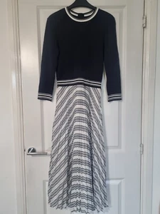 TED BAKER NAVY BLUE KNIT TOP CONTRAST PLEATED WHITE STRIPE SHEER FLOATY DRESS 10 - Picture 1 of 6