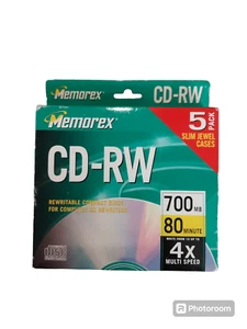 Memorex CD-RW regrabable paquete de 5 4 estuches finos joya 700 MB 80 minutos NUEVO - Imagen 1 de 2