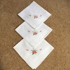VINTAGE  Set of 3 White Floral Embroidered Handkerchiefs cotton?