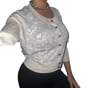 Belford Sweater Button Gray 100% Silk Crop Sequin Cardigan Sz XL XLarge Women’s - Picture 1 of 5