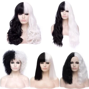 Women Wig Cosplay Wig Black White Synthetic Long Curly Wigs+Wig Cap - Picture 1 of 10