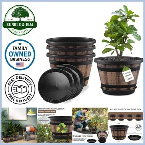 Plant Pots Set of 4 Plastic 12" Whiskey Barrel Planters with Drainage for Indoor - Picture 1 of 8