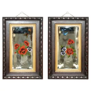 UNIQUE PAIR OF ANTIQUE ITALIAN VENETIAN CARVED REVERSE PAINTED FLORAL MIRRORS - Picture 1 of 24