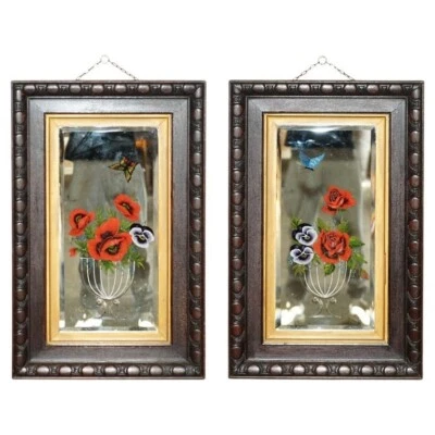 UNIQUE PAIR OF ANTIQUE ITALIAN VENETIAN CARVED REVERSE PAINTED FLORAL MIRRORS - Image 1 of 4