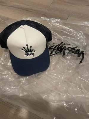 Stussy Hat Cap Navy Blue White Crown Embroidered Mesh Trucker Mens One Size - Image 1 of 2