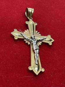 VINTAGE HANDMADE 14K Tricolor Gold JESUS CHRIST CRUCIFIX CROSS Charm Pendant - Picture 1 of 18