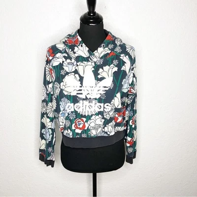 Adidas floral graphic cropped hooded sweatshirt sporty athletic athleisure - Image 1 of 4
