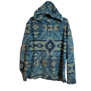 Faherty Hooded Poncho Men's Size Large L Blue Cotton Aztec Navajo Southwestern - Picture 1 of 11
