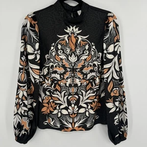 Joie Blouse Womens Medium Black White Brown Floral Baroque Print Long Sleeve Top - Picture 1 of 9