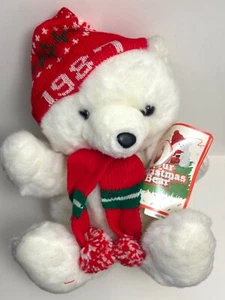 Vtg 1987 Kmart Christmas Bear Plush Hat Scarf 1987 White Holiday - Picture 1 of 6