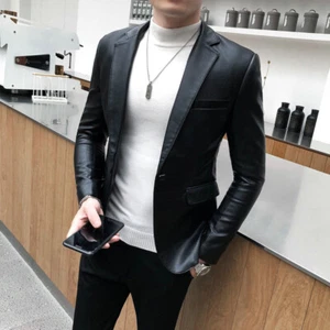 Mens Slim Fit One Button Blazer Coats Casual Party Faux Leather Jackets 2025 - Picture 1 of 19