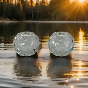 Set of 2 VTG Swarovski Faceted Crystal Ball Small Candlestick Holders - Picture 1 of 6