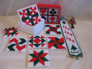 PLASTIC CANVAS YARN CRAFT VINTAGE LOT, COASTER SET, WALL DECOR, ORN, CARD HOLDER - Picture 1 of 9