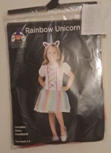 REGENBOGEN EINHORN HALLOWEEN KOSTÜM 4-6 KLEID UND STIRNBAND E5 - Bild 1 von 2
