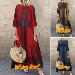 Womens Summer Short Sleeve Check Casual Loose Kaftan Long Maxi Dress Plus - Picture 1 of 9