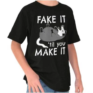 Funny Fake It Til You Make It Opossum Joke Youth Crewneck T Shirts Boy or Girl - Picture 1 of 7