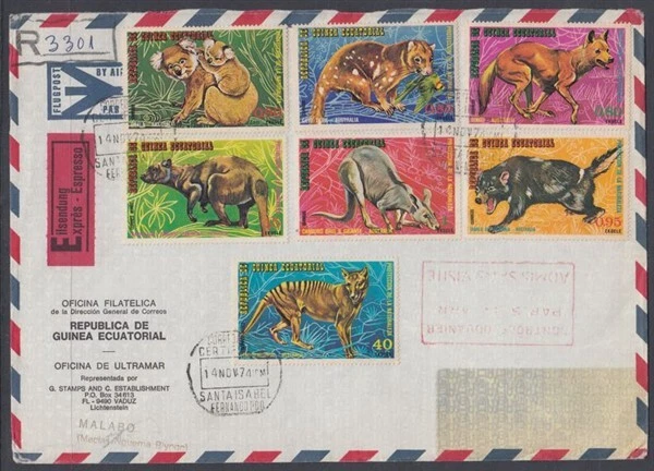 JUEGO ANIMALES AUSTRALIANOS GUINEA ECUATORIAL 1974 (x7) EN CUBIERTA REG (ID:563/R64941) Foto 1 de 1