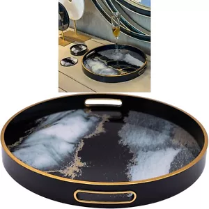 Round Black Agate Theme Serving Drinks Candle Display Decor Coffee Table Tray - Picture 1 of 10