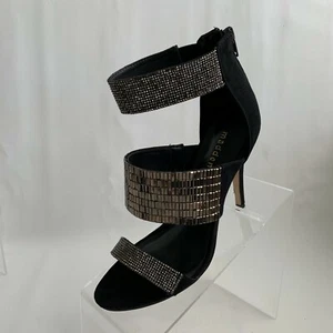 Madden Girl Disco Black Stiletto Rhinestone Ankle Strap Zip Heel Shoes Size 6.5 - Picture 1 of 9