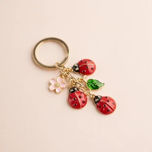 Cute Adorable Ladybug Green Leaf Pink Flower Keychain Keyring Key Ring Gift Idea - Picture 1 of 1