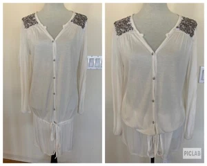 SPOUCHONI Mujer Junior Lentejuelas Blancas Lentejuelas Con Botones Camisa Prenda para el torso Túnica Talla S - Imagen 1 de 23