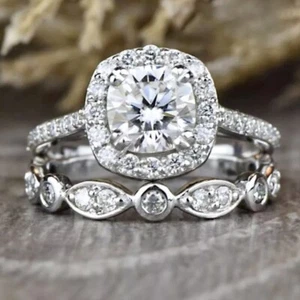 3.36 TCW Cushion Cut Moissanite Bridal Set Engagement Ring 14K White Gold Plated - Picture 1 of 8