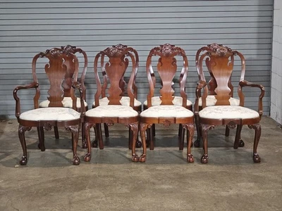 Set Of 8 KINDEL Winterthur Collection Mahogany Clawfoot Dinning Arm Chairs Silk - Image 1 of 4