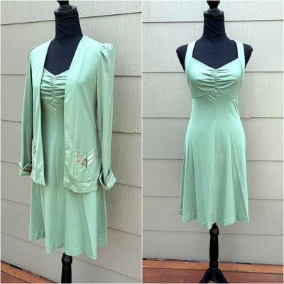 Vintage Anos 60 Anos 70 Preppy Disco Vestido Regata Puff Ombro Jaqueta Correspondente Conjunto de 2 Peças - Imagem 1 de 4