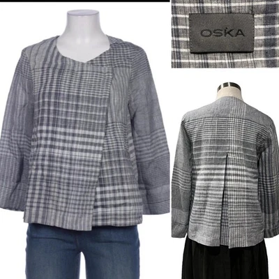 OSKA Germany Blue/White 100% Yarn-Dye Linen Multi Check, Shell Button Jacket O/S - Image 1 of 4