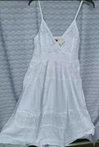 Empire Damen Taille elastisches Kleid weiß Öse Baumwolle V-Ausschnitt abgestuft Sommer L USA - Bild 1 von 2