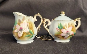Vintage Small China Creamer & Sugar Set pink floral gold trim - Picture 1 of 8