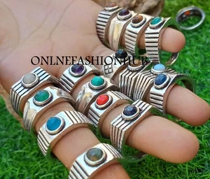Coral & Mix Gemstone 925 Sterling Silver Plated Wholesale Lot Men's Ring Jewelry - Picture 1 of 11