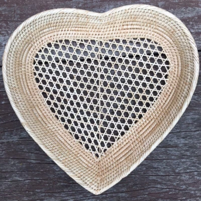Vintage Thai Handicraft Wicker Crafts Rattan Tray Food Fruit Serving Heart Shape - Image 1 of 4