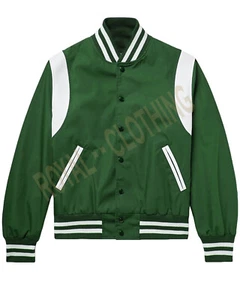 Neu Herren Varsity Bomber Baseball grün & weiß Schulterstreifen Voll Satin Jacke  - Bild 1 von 3