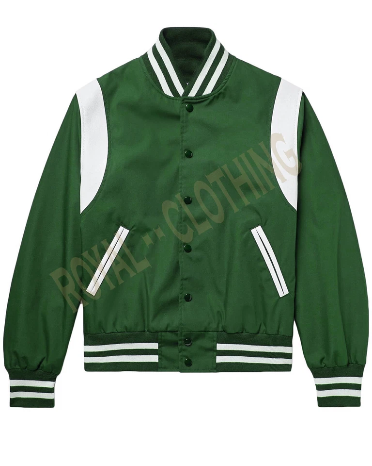 New Men's Varsity Bomber baseball Green & White Shoulder Strip All Satin Jacket  - Image 1 of 3