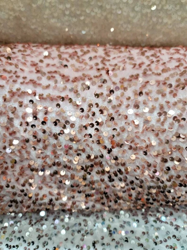 Fabric Sold By The Yard Pink Blush Stretch Velvet Embroidery Rose Gold Sequin - Image 1 of 4