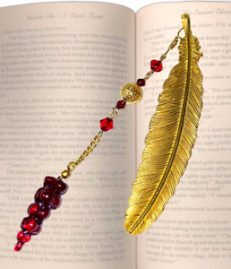 Gold Metal Feather Red Blown Glass Crystal Gift Handcrafted Artisan Bookmark