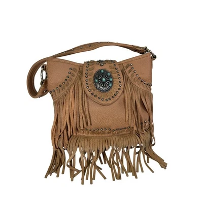 Montana West Fringe Concho Studded Shoulder Bag Tan Leather Crossbody Purse - BD - Image 1 of 4