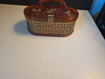 Box Purse Lucite Brass Metal Filigree Cutout Handbag Art Deco 1950’s Vintage - Image 1 of 4
