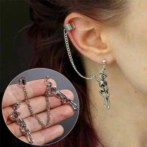 Punk Skeleton Chain Earrings w/ Ear Cuff, Halloween, Asymmetrical, Steam Punk - Picture 1 of 8