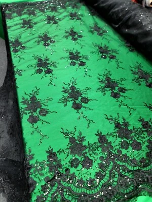 Black Lace Sequins Embroidery Floral Fabric By The Yard Double Scallops Prom  - Image 1 of 4